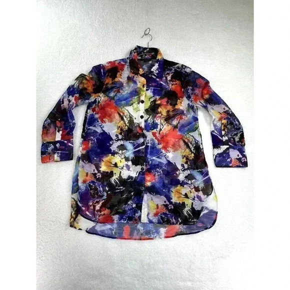 JOHN MARK MIXED PRINT BLUE BUTTON FRONT LONG SHEER TUNIC BLOUSE TOP SIZE SMALL - Picture 12 of 13